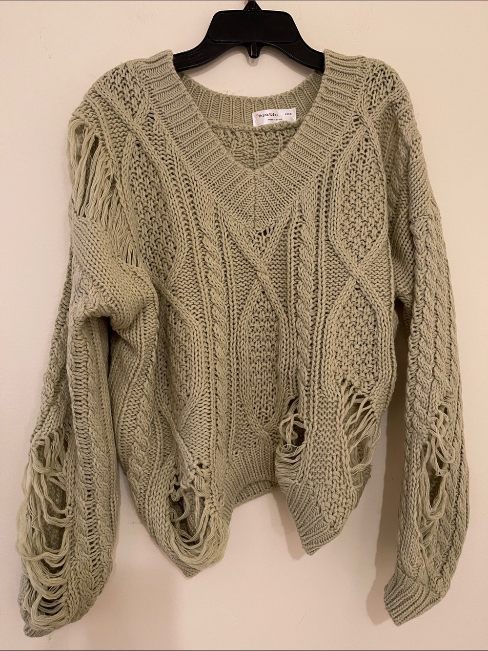 Thinkable Distressed V-Neck Cable Knit Sweater - Sage Green S/M